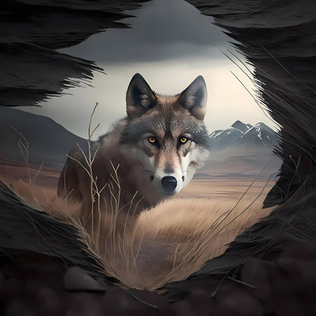 A wolf peers through a rock crevice, mountains in the background.の写真素材
