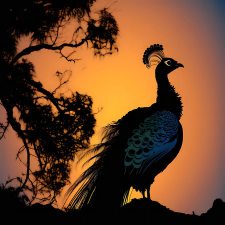 A peacock silhouette against a vibrant sunset. Stunning nature scene.の写真素材