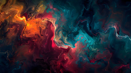 A vibrant digital painting featuring abstract swirls of red, orange, and teal. It evokes energy and...