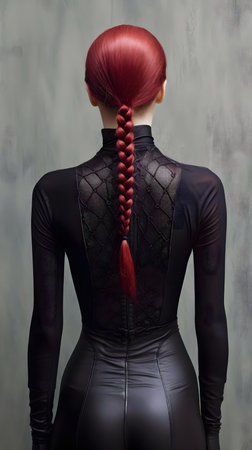 Back view of a woman with vibrant red hair in a braid, wearing a black catsuit. Stylish fashion...