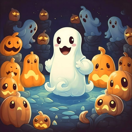 A cute ghost surrounded by adorable pumpkins on Halloween night.の写真素材