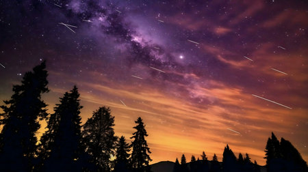 Stunning night sky panorama showcasing the Milky Way, shooting stars, and silhouetted pine trees against a vibrant sunset.の写真素材