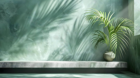 A tranquil indoor scene featuring a palm plant in a pot on a concrete shelf against a green wall.の写真素材