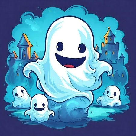 A cheerful illustration of friendly ghosts near a castle. Halloween themed.の写真素材