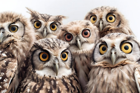 Six owls looking directly at the camera. A stunning wildlife close-up.の写真素材