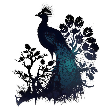 A striking illustration of a peacock in silhouette, with teal accents and intricate detailing.の写真素材
