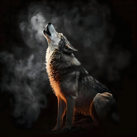 A lone wolf howls at the moon under a dark, smoky sky. The image evokes a sense of wildness and...