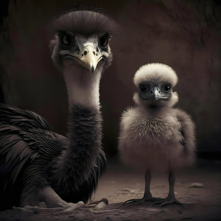 Close-up portrait of an adult ostrich and her fluffy chick. A beautiful wildlife photography in the darkの写真素材