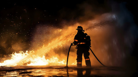 A firefighter bravely fights a large fire at night.