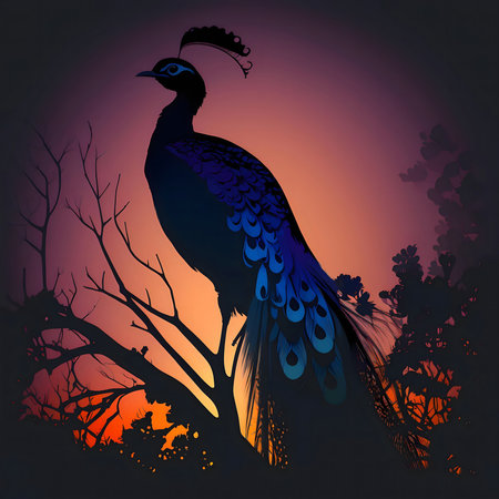 A stunning peacock silhouette against a vibrant sunset. Majestic and serene.の写真素材