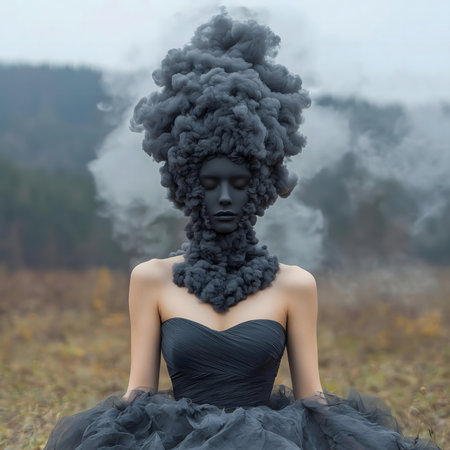 A woman in a black dress, with a smoke crown and necklace. Dark, mysterious.の写真素材