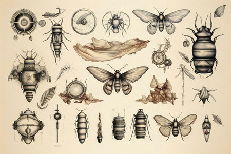 Collection of steampunk-inspired insect illustrations. Detailed drawings with mechanical elements.の写真素材