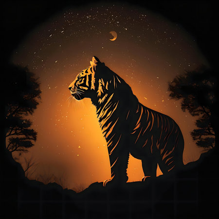 A majestic tiger silhouette against a vibrant night sky, stars and moon.の写真素材