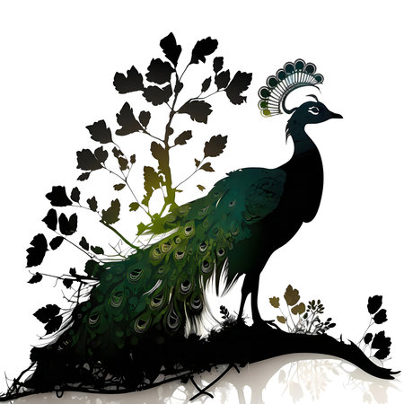 A stunning peacock silhouette, its vibrant plumage contrasting against a dark, leafy backdrop. A captivating piece of nature art.の写真素材