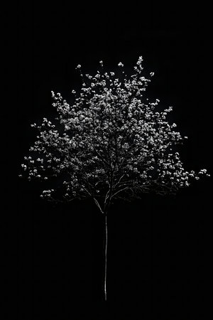 A grayscale photograph of a blooming tree, set against a pure black background. The image emphasizes the tree's form and texture.の写真素材
