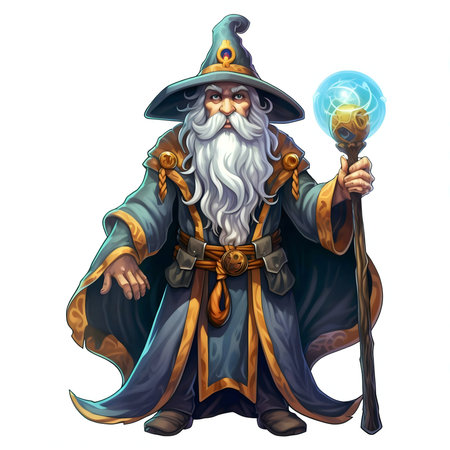 A majestic wizard with a long white beard and staff, embodying the arcane arts.の写真素材