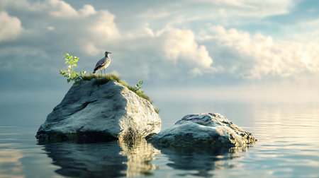 A lone bird rests on a rock in calm waters, reflecting serenity.の写真素材