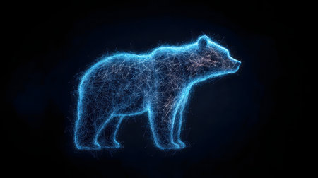 Abstract digital art of a bear made of light and linesの写真素材