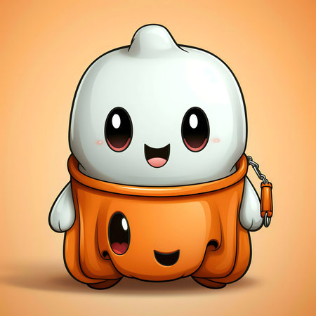 A charming Halloween illustration of a cute ghost in a pumpkin costume.の写真素材