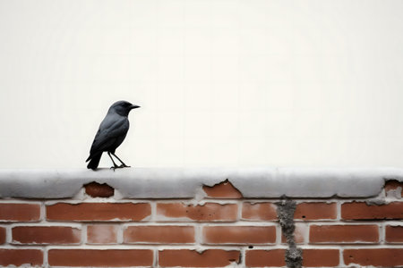 A lone dark-gray bird sits on a weathered brick wall against a plain background.の写真素材