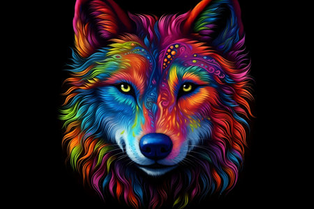 A stunning digital art piece showcasing a wolf's head in vibrant rainbow hues.の写真素材