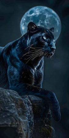A stunning black panther sits on rocks under a full moon. Mysterious and majestic.の写真素材