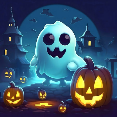 A cute ghost amongst jack-o-lanterns in a Halloween town.の写真素材