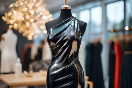 A black, shiny dress on a mannequin in a fashion boutique.の写真素材