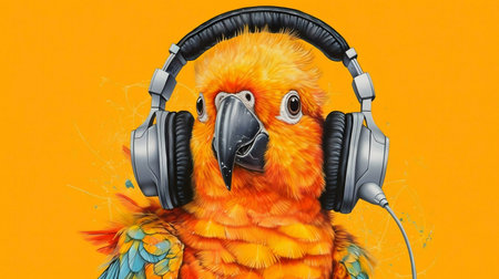 A vibrant sun conure parrot wearing headphones, enjoying music. Digital art illustration.の写真素材