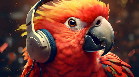 A scarlet macaw enjoys music with headphones. Vibrant colors and digital art.の写真素材