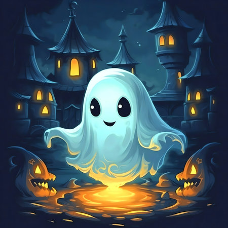 A friendly ghost floats near jack-o-lanterns in a spooky but cute Halloween village.