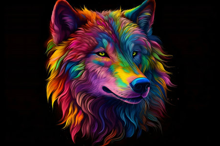 A digital painting of a wolf in vibrant rainbow colors against a black background. Bold and...