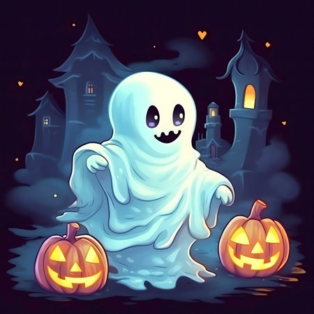 A cute little ghost enjoying Halloween night. Pumpkins and spooky houses in the background.の写真素材