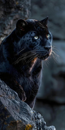 A stunning image of a black panther perched on a rock, showing its powerful presence and captivating gaze.の写真素材