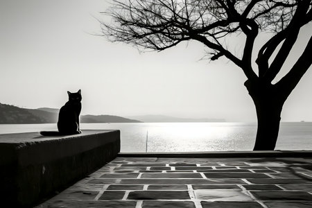 A black cat sits serenely by the sea, a tree behind. Monochromatic coastal scene.の写真素材
