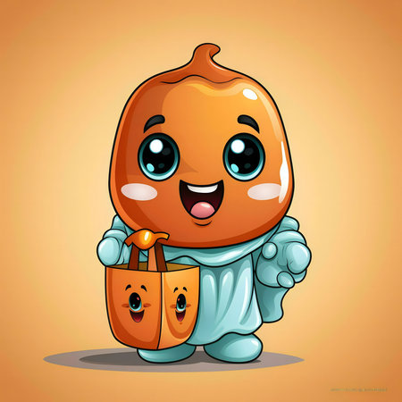 A cute date fruit character dressed in a Halloween costume and carrying a trick-or-treat bag.の写真素材
