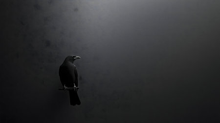 A lone crow perched on a branch, shrouded in a dark misty atmosphere.の写真素材