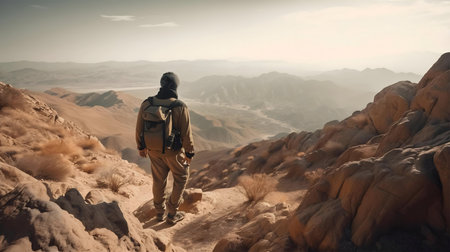 Hiker on a mountain overlooking a desert valley.の写真素材