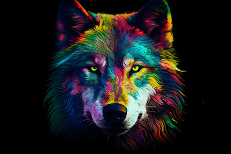 A vibrant digital art of a wolf's head, showing a rainbow of colors.の写真素材