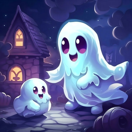 Two friendly ghosts stroll by a house at night.の写真素材