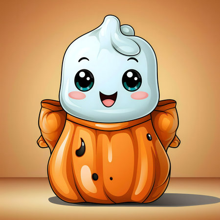 A cute ghost in a pumpkin costume for Halloween.の写真素材