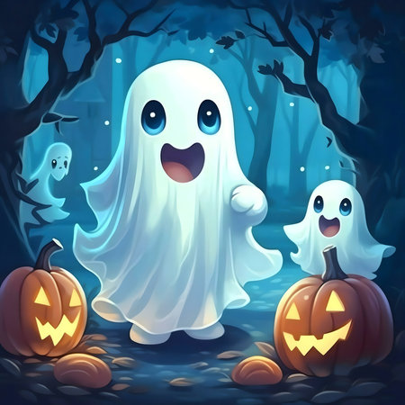 Adorable cartoon ghosts celebrating Halloween in a mystical forest.の写真素材