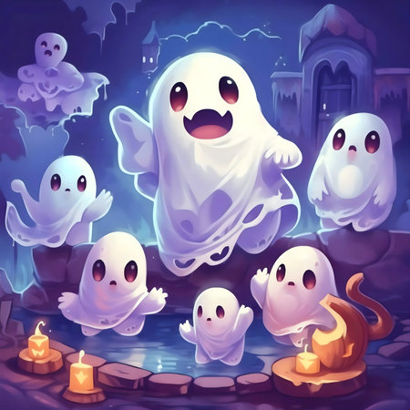 Adorable ghosts having a playful gathering during Halloween night. A whimsical scene full of spooky fun!の写真素材