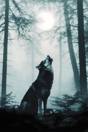 A lone wolf howls under the moonlight in a misty forest. The scene is both serene and mysterious.の写真素材