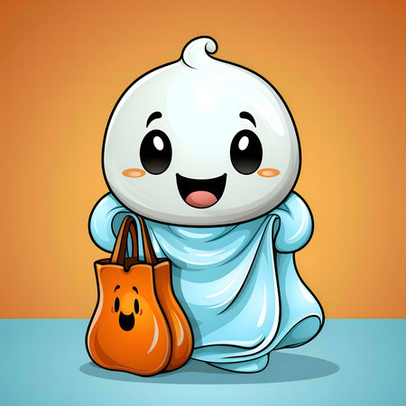 A cute baozi dressed as a ghost for Halloween, carrying a pumpkin-shaped treat bag.の写真素材