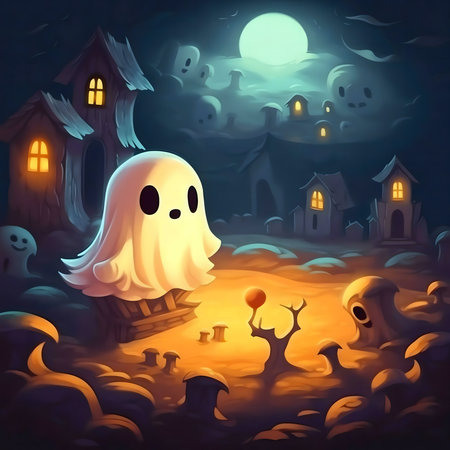 A cute ghost in a Halloween village. Spooky, yet charming.の写真素材