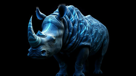 Digital art of a majestic rhino, striking pose, dark background, vibrant blue tonesの写真素材