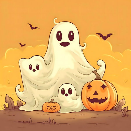 Adorable cartoon ghosts and pumpkins for Halloween. A fun, spooky illustration.の写真素材