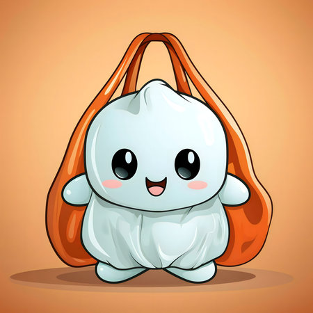 A cute baozi cartoon character carrying an orange shopping bag. Joyful and adorable digital illustration.の写真素材