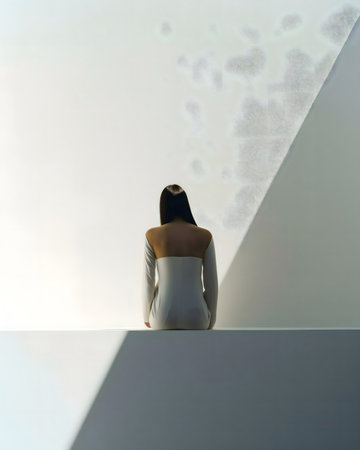 A woman sits alone, in a white dress, in a minimalist room. The mood is serene, calm, and introspective.の写真素材